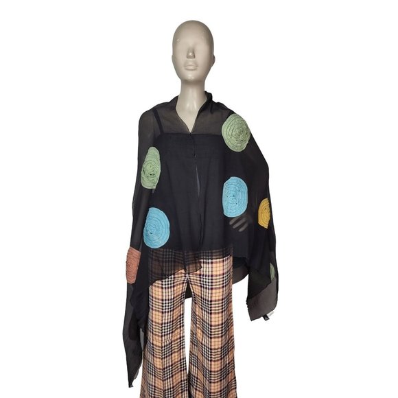 100% Silk Black Spiral Circle Pattern Rectangle Scarf Shawl Wrap 65"x41" - Picture 1 of 9